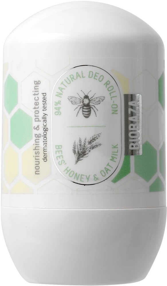 Biobaza Medaus ir avižų pieno natūralių sudedamųjų dalių raminantis ir maitinantis dezodorantas Roll-On unisex, 50 ml