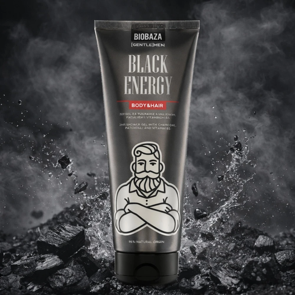 Biobaza Juodas Energy Dušo želė & Šampūnas 2-In-1 Charcoal, 220 ml