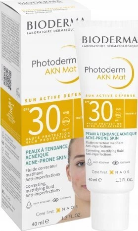BIODERMA PHOTODERM AKN MAT, apsauginis kremas nuo saulės mišriai riebiai bei į aknę linkusiai odai, SPF30, 40 ml