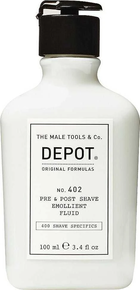 „Depot 400 Shave Specifications No. 402“ raminamasis skystis prieš ir po skutimosi su eteriniais aliejais, 100 ml