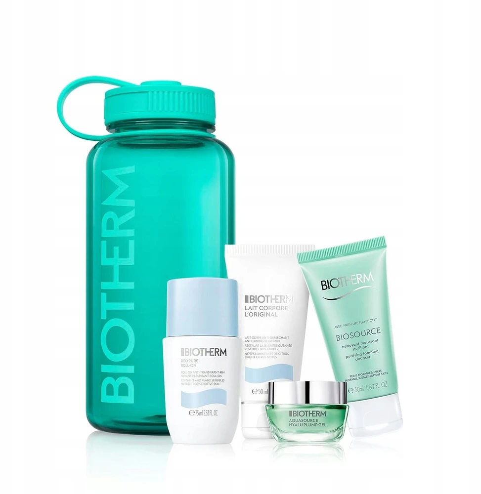 Biotherm rinkinys: Biosource valomasis putojantis prausiklis, pašalinantis priemaišas, 50 ml + Deo Pure 72 h apsauga nuo prakaito moterims, ritinėlio dezodorantas, 75 ml + Aquasource Hyalu Plump drėkinamasis kasdienis gelis-kremas veidui, 30 ml + Lait Corporel prieš sausumą kūno pienelis, 50 ml + Biotherm