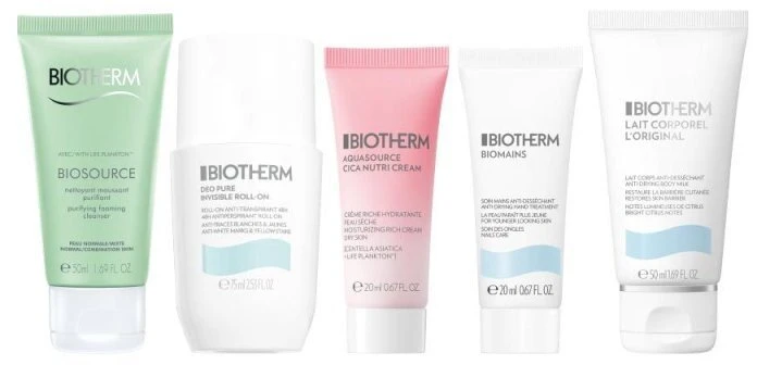 Rinkinys „Biotherm“: „Biotherm Hydrating Body Milk“, 50 ml + „Biosource Eliminates Impurities Cleansing Foam“, 50 ml + „Deo Pure Soothing“ rutulinis dezodorantas moterims, 50 ml + „Biomains Hydrating Hand Kreminis Jasmine“, 20 ml + „Aquasource Cica Nutri Soothing Creminis For Face“