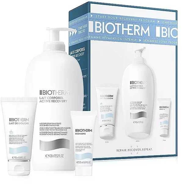 „Biotherm BIOTHERM“ rinkinys („LAIT CORPOREL ACTIVE RECOVERY“ kūno losjonas 400 ml + „LAIT DE DOUCHE“ valomasis dušo pienelis 50 ml + „BIOMAINS“ rankų ir nagų priežiūros priemonė 20 ml)