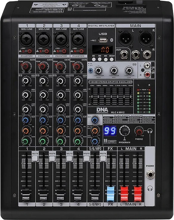 DNA Professional HLC 4 MK2 - analoginis maišytuvas su USB, Bluetooth, MP3, fantominiu maitinimu ir DSP procesoriumi
