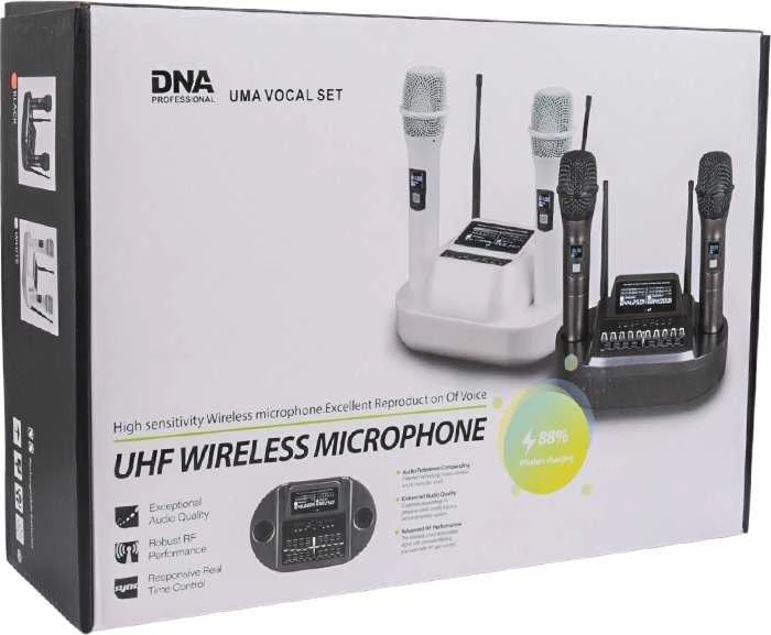 DNA Professional UMA VOCAL SET - dvigubas belaidis rinkinys (2 x rankiniai mikrofonai + imtuvas su mikrofono įkrovimo stotele)