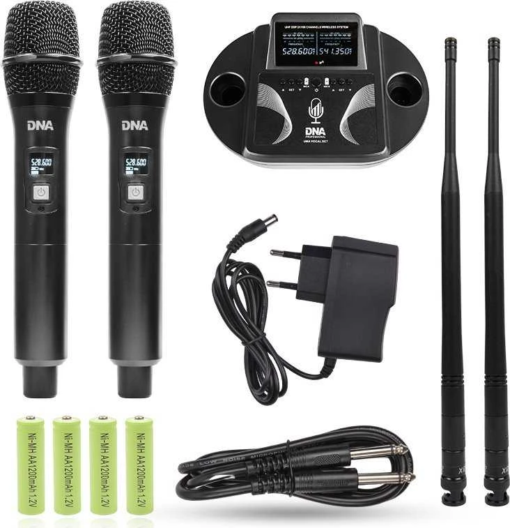 DNA Professional UMA VOCAL SET - dvigubas belaidis rinkinys (2 x rankiniai mikrofonai + imtuvas su mikrofono įkrovimo stotele)