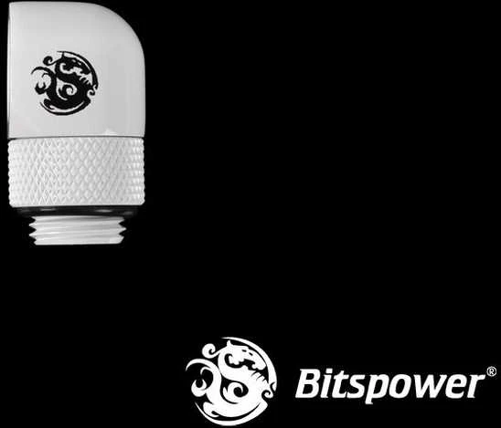 „Bitspower“ adapteris, 90 laipsnių kampu, G1/4 colio kištukas į G1/4 colio kištuką, pasukamas, baltas