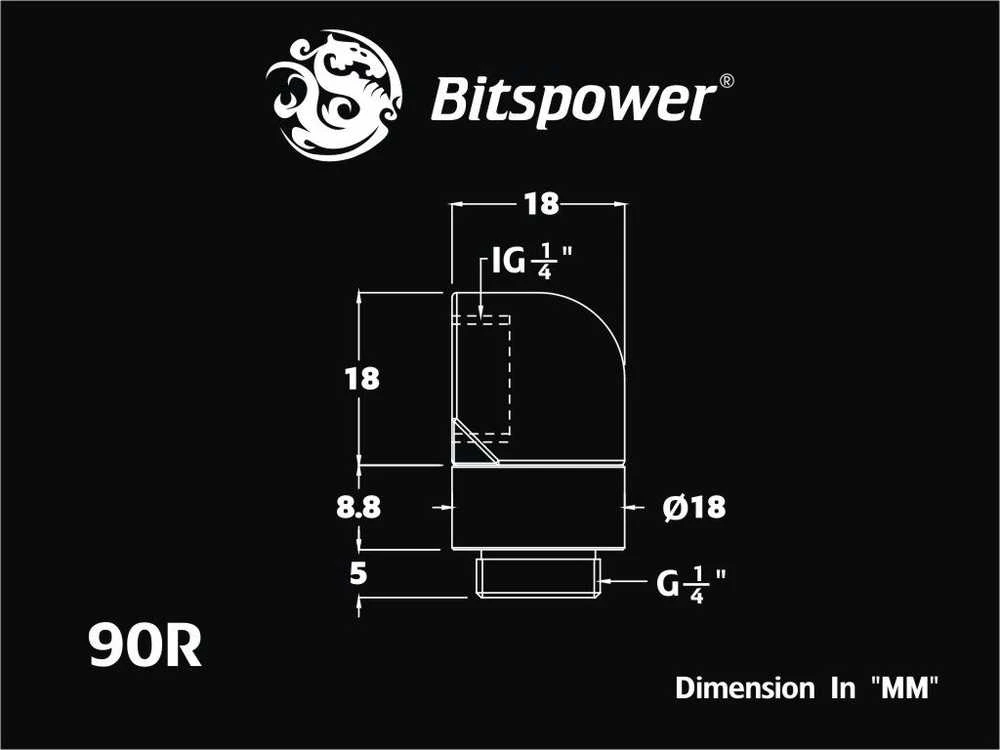 „Bitspower“ adapteris, 90 laipsnių kampu, G1/4 colio kištukas į G1/4 colio kištuką, pasukamas, baltas