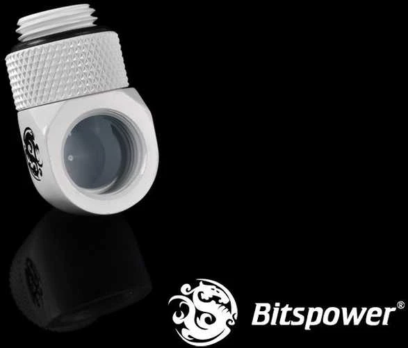 „Bitspower“ adapteris, 90 laipsnių kampu, G1/4 colio kištukas į G1/4 colio kištuką, pasukamas, baltas
