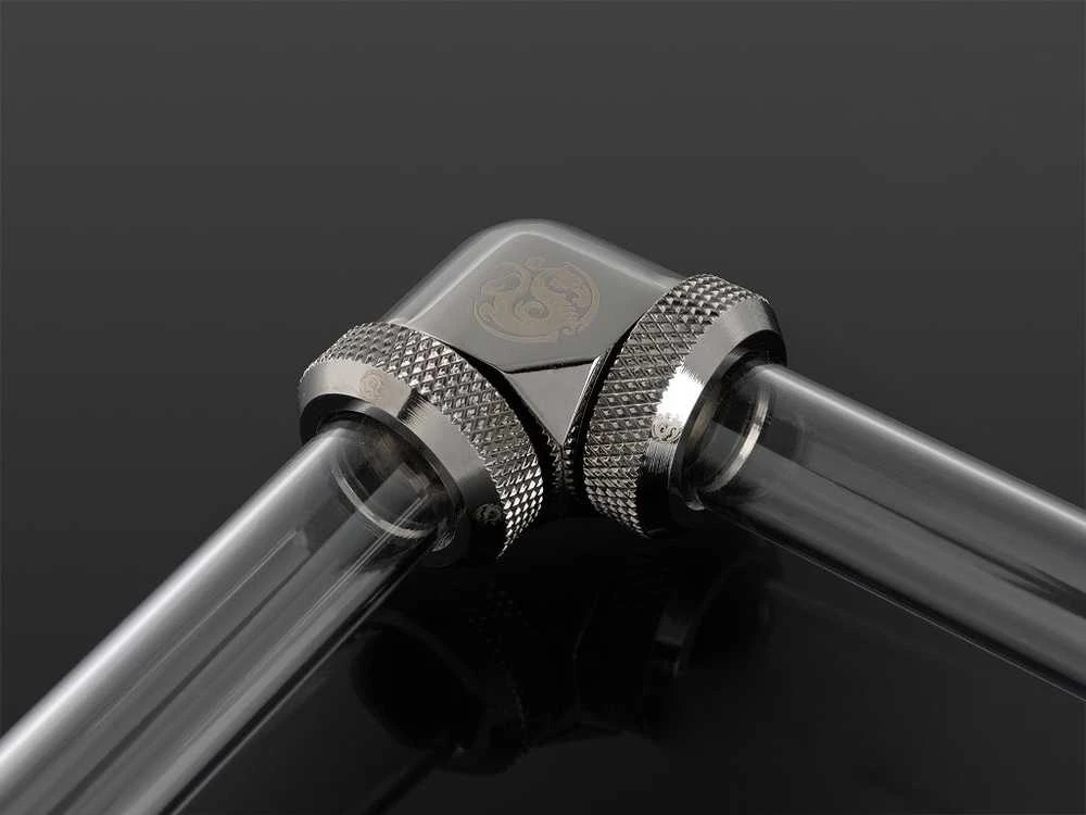 Bitspower Multi-Link adapteris 90 laipsnių 12mm OD iki 12mm OD kietas vamzdelis - blizgus juodas