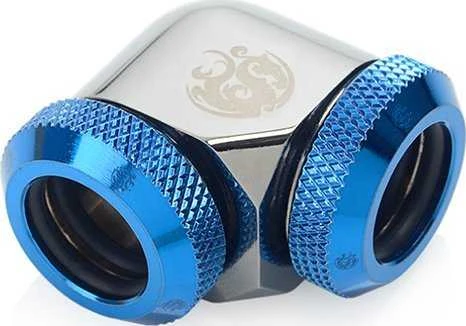 Bitspower 90 laipsnių kampo adapteris su mėlynais žiedais