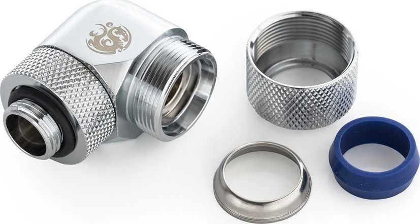 „Bitspower Advanced“ adapteris, 90 laipsnių G1/4 colio kištukas iš kištuko į 14 mm išorinio skersmens kietąjį vamzdį – pasukamas, sujungiamas