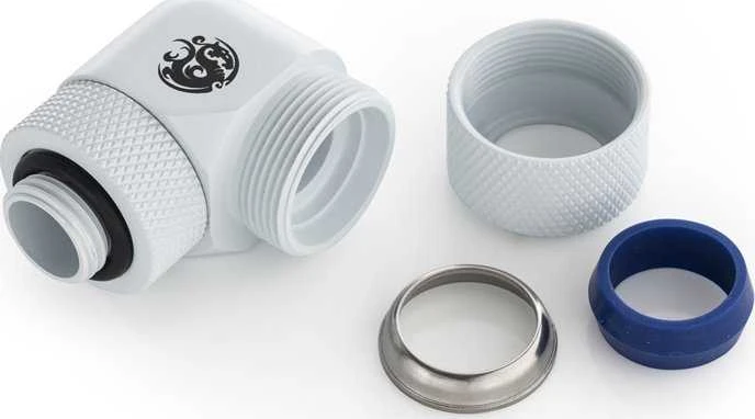 „Bitspower Advanced Multi-Link“ adapteris, 90 laipsnių G1/4 colio BSP ir 14 mm išorinio skersmens kietojo vamzdžio jungtis, pasukama.