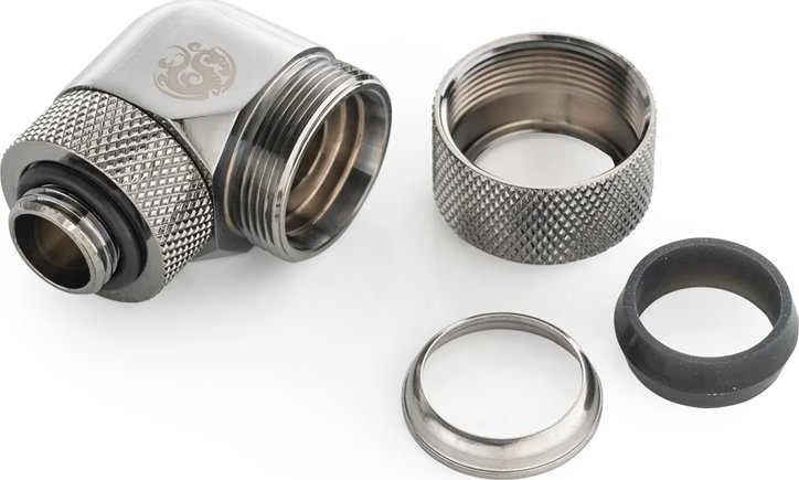 „Bitspower Advanced Multi-Link“ adapteris, 90 laipsnių G1/4 colio vidinis sriegis ir 16 mm išorinio skersmens kietasis vamzdis, pasukamas.