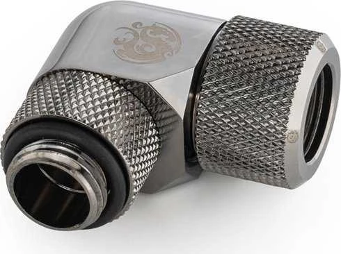 „Bitspower Advanced Multi-Link Adapteris“ jungtis, 90 laipsnių kampu, G1/4 colio AG ir 12 mm išorinio skersmens kietojo vamzdžio jungtis, pasukama.