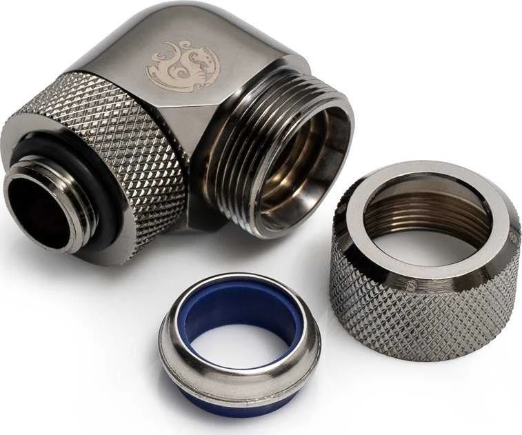 „Bitspower Advanced Multi-Link“ adapteris, 90 laipsnių G1/4 colio vidinis sriegis, 14 mm išorinio skersmens kietasis vamzdis, pasukamas.