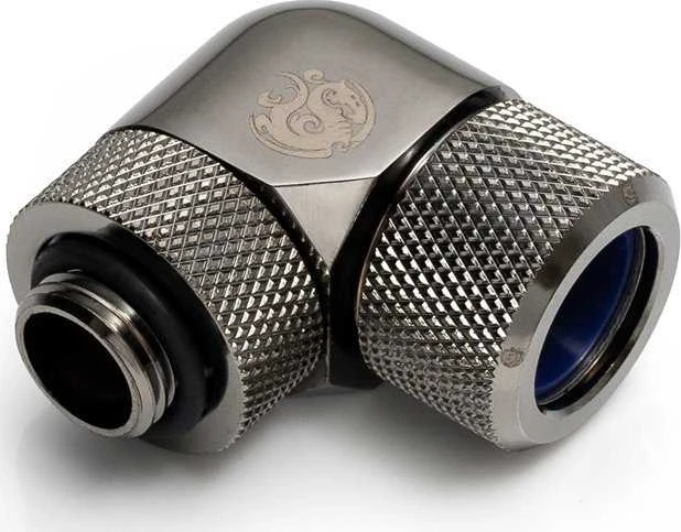 „Bitspower Advanced Multi-Link“ adapteris, 90 laipsnių G1/4 colio vidinis sriegis, 14 mm išorinio skersmens kietasis vamzdis, pasukamas.