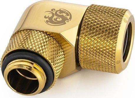 „Bitspower Advanced Multi-Link“ adapteris, 90 laipsnių G1/4 colio vidinis sriegis, jungiantis prie 12 mm išorinio skersmens kieto vamzdžio, pasukamas.