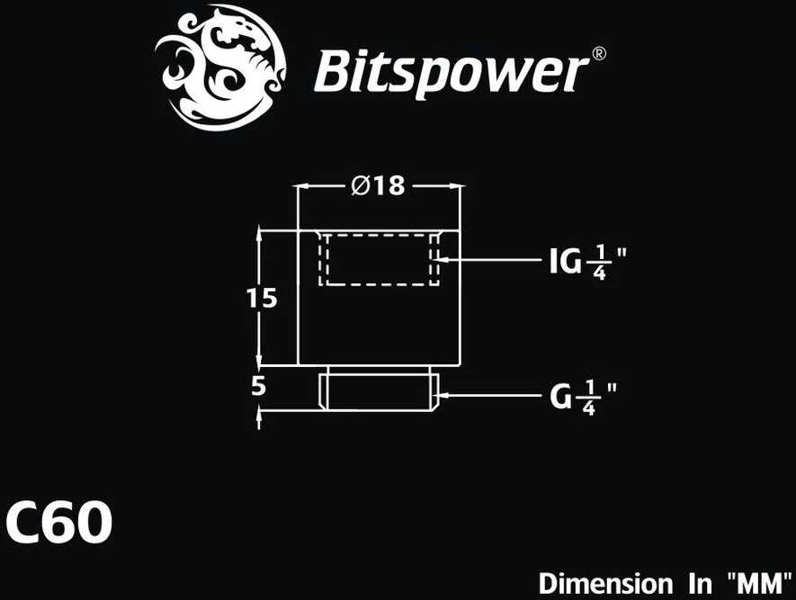 Bitspower adapteris G1/4 colio kištukas į G1/4 colio kištuką – 15 mm, juodos spalvos