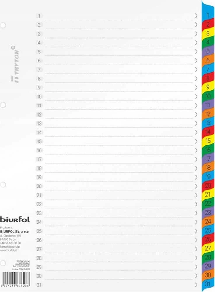 Kartoniniai skirtukai A4 su skaitmenimis 1-31