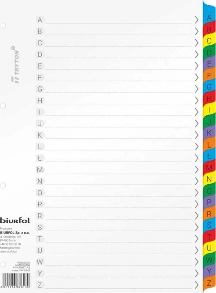 A4 skirtukai dokumentams su spalvota A-Z abėcėle