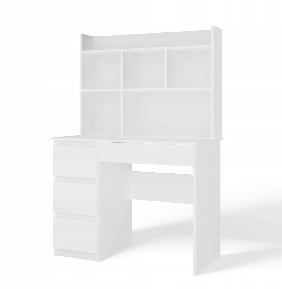 Top E Shop Topeshop MIJAS kairinis rašomasis stalas su prailginimu, matinės baltos spalvos, 4 stalčiai, 4 lentynos, biurui