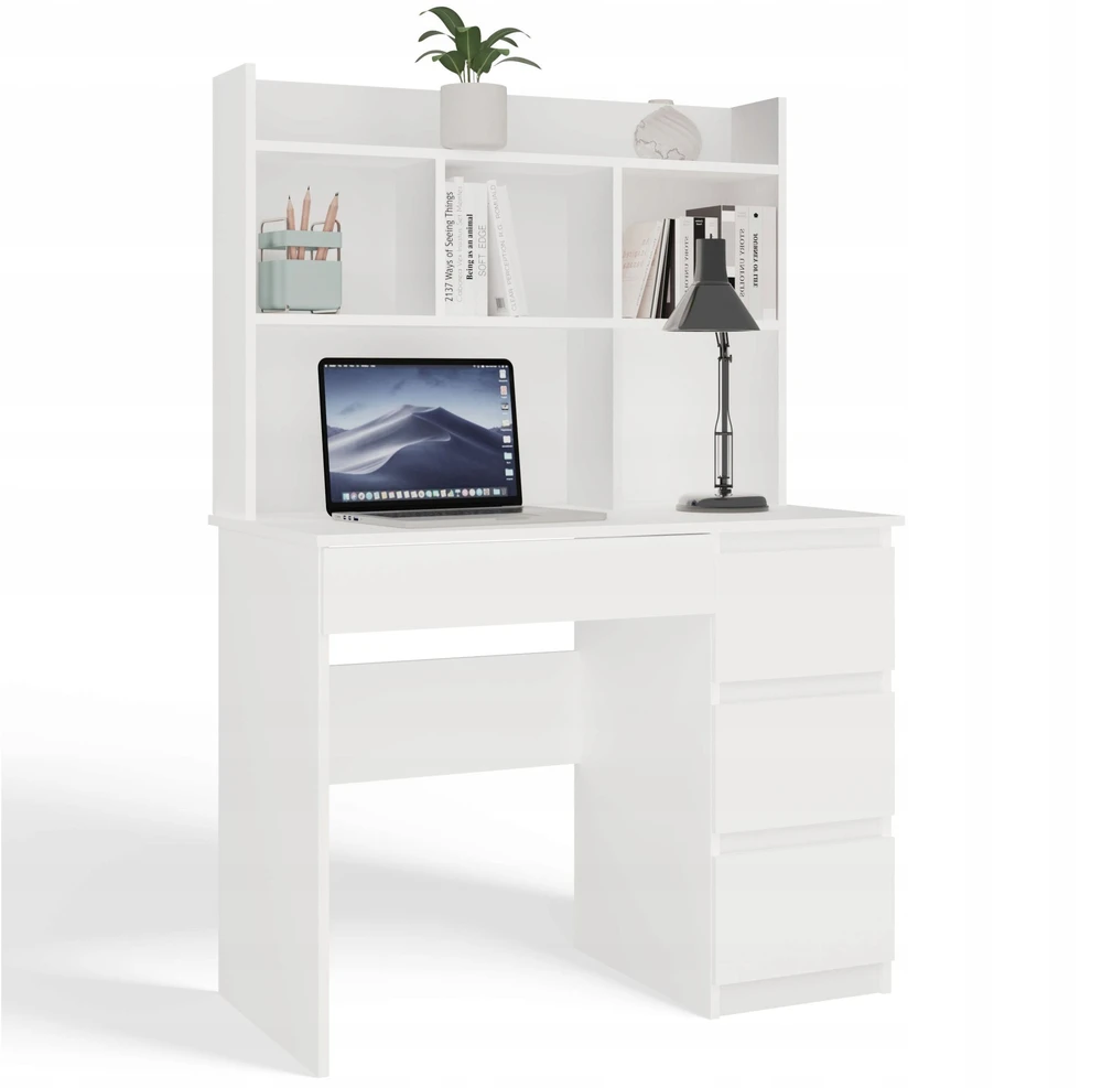 Top E Shop „Topeshop MIJAS“ rašomasis stalas, dešinysis, su prailginimu, matinės baltos spalvos, 4 stalčiai, 4 lentynos, biurui