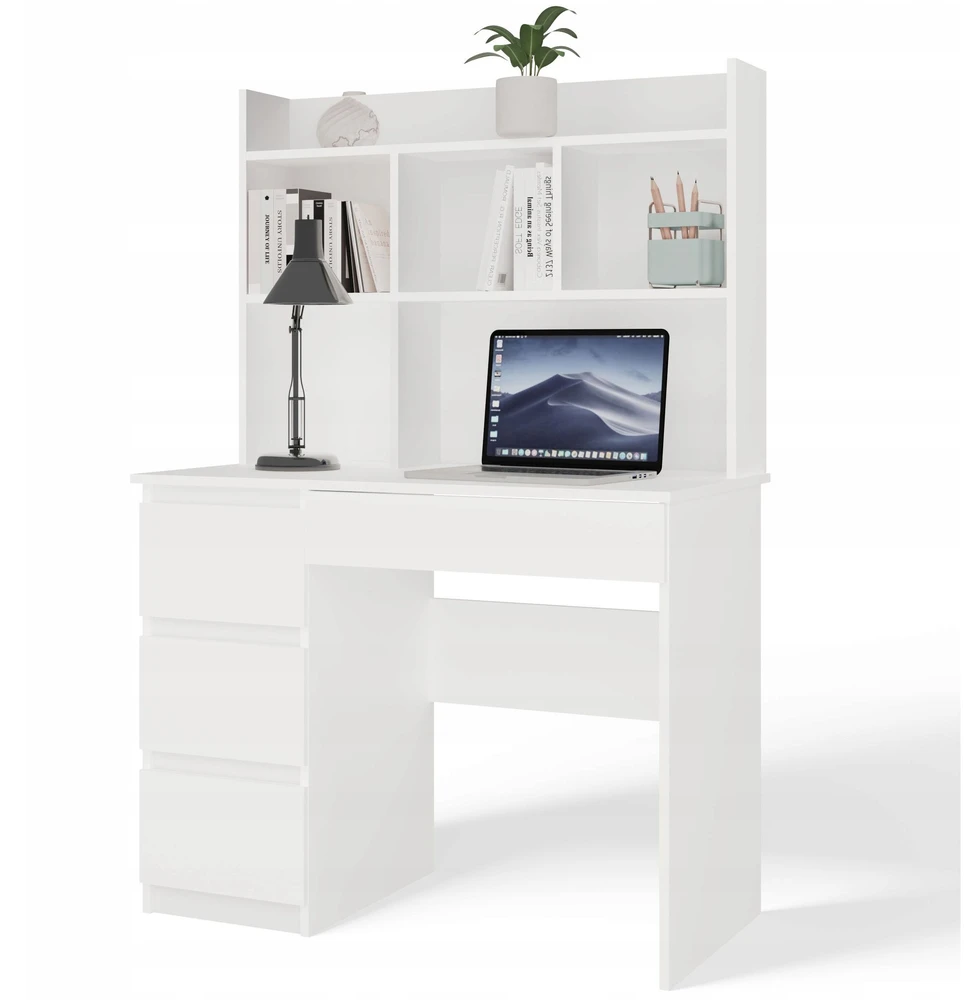 Top E Shop Topeshop MIJAS kairinis rašomasis stalas su prailginimu, matinės baltos spalvos, 4 stalčiai, 4 lentynos, biurui