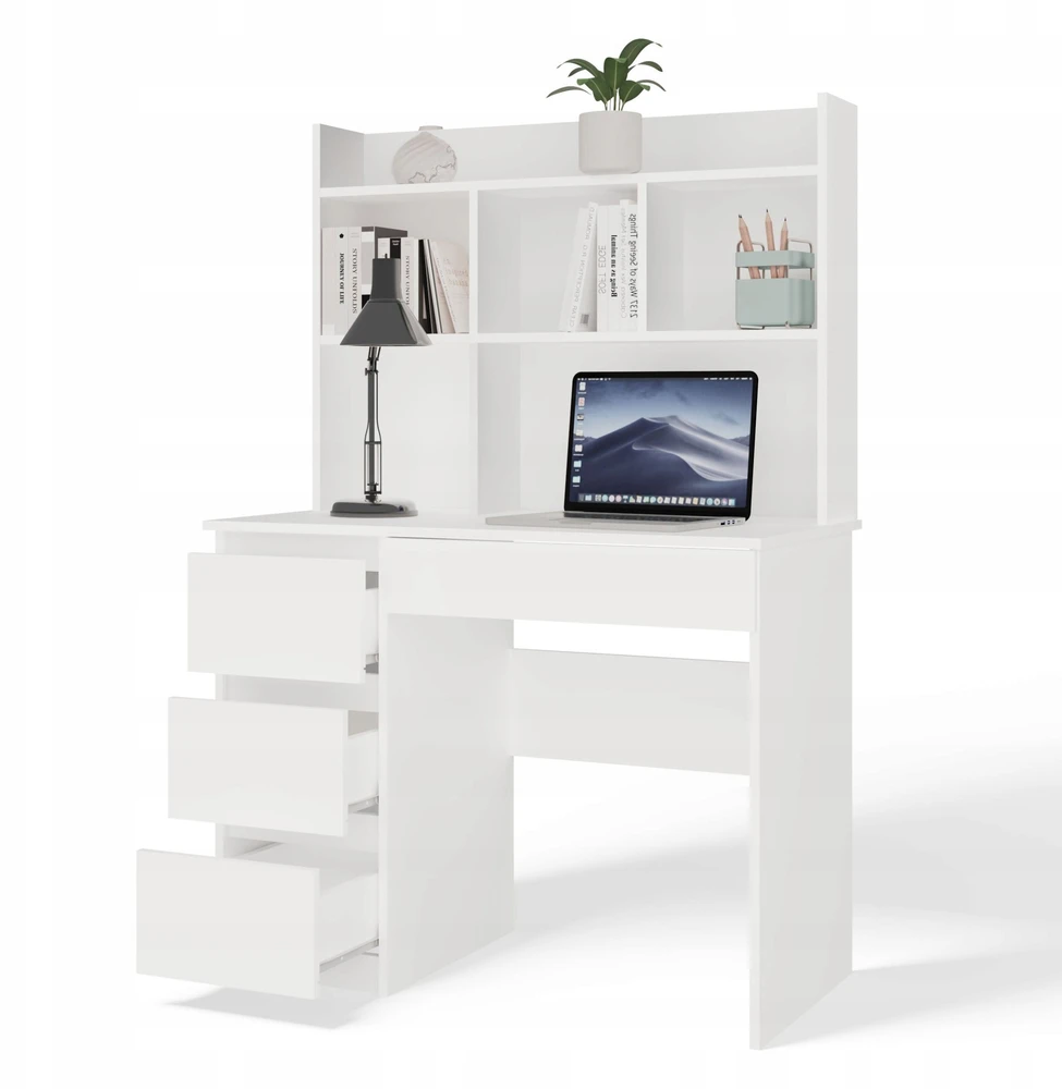 Top E Shop Topeshop MIJAS kairinis rašomasis stalas su prailginimu, matinės baltos spalvos, 4 stalčiai, 4 lentynos, biurui