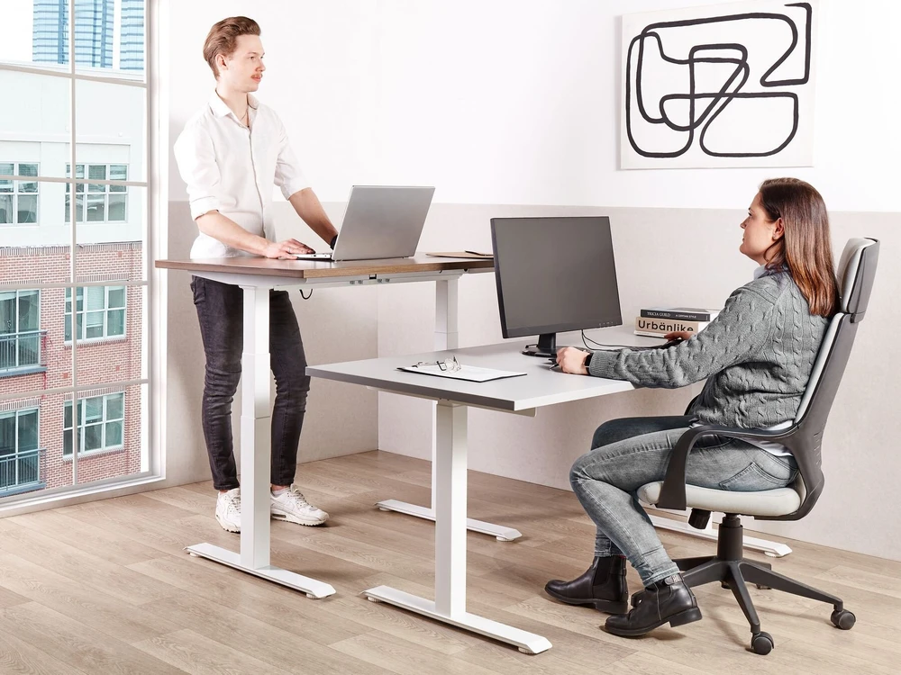 Beliani Elektriškai reguliuojamas stalas DESTINES pilkas/baltas 120 cm 72 cm