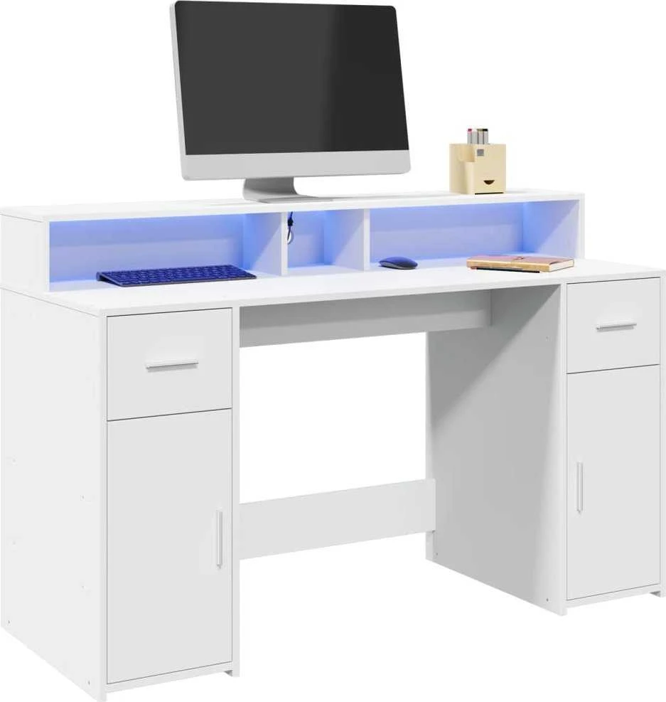 Rašomasis stalas su LED apšvietimu, baltas, 140x55x91cm