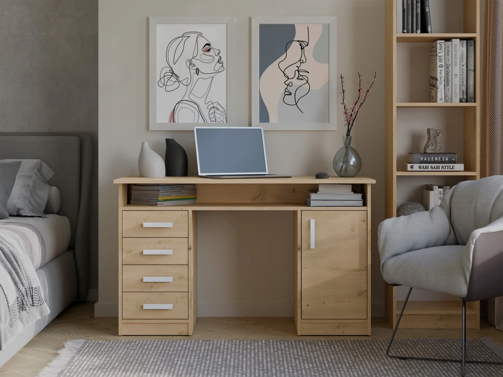 Top E Shop Topeshop ADA DESK Ąžuolo ARTISAN 125 cm 4 stalčiai Spintelės lentynos biuro kambariui Na Nešiojamas kompiuteris