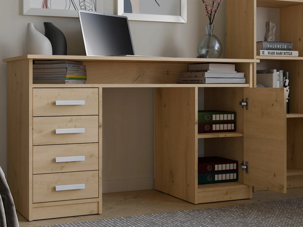 Top E Shop Topeshop ADA DESK Ąžuolo ARTISAN 125 cm 4 stalčiai Spintelės lentynos biuro kambariui Na Nešiojamas kompiuteris