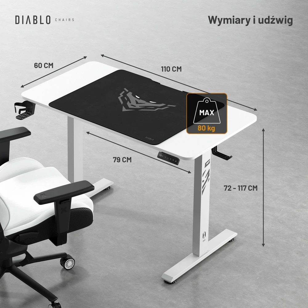Diablo Chairs Diablo X-Tension 1100 Baltas elektra reguliuojamas Žaidimų Stalas | 1100 x 600 x 1170 mm