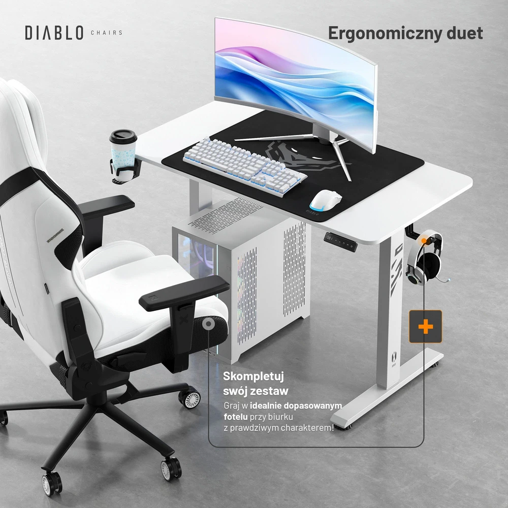 Diablo Chairs Diablo X-Tension 1100 Baltas elektra reguliuojamas Žaidimų Stalas | 1100 x 600 x 1170 mm