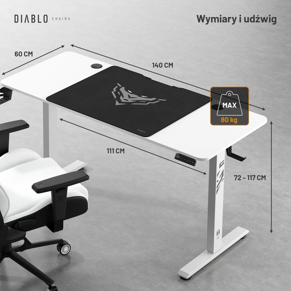 Diablo Chairs Diablo X-Tension 1400 Baltas elektra reguliuojamas Žaidimų Stalas | 1400 x 600 x 1170 mm