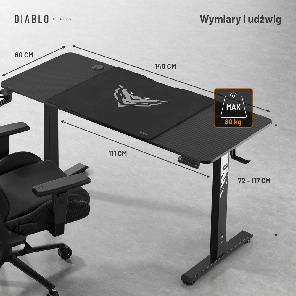 Diablo Chairs Diablo X-Tension 1400 Juodas elektra reguliuojamas Žaidimų Stalas | 1400 x 600 x 1170 mm