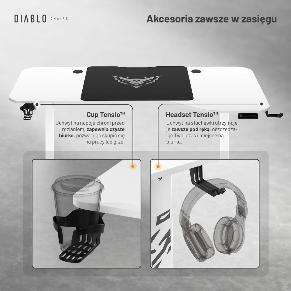 Diablo Chairs Diablo X-Tension 1600 Baltas elektra reguliuojamas Žaidimų Stalas | 1600 x 600 x 1170 mm