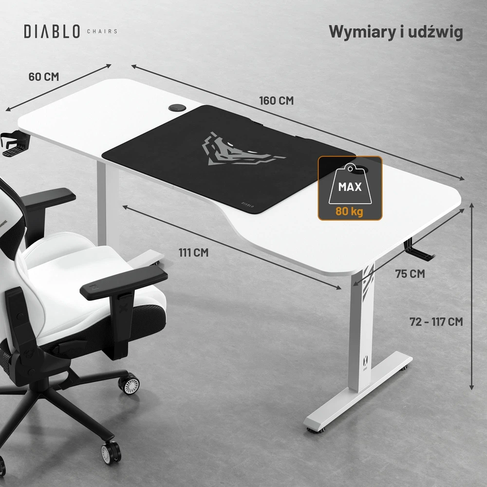Diablo Chairs Diablo X-Tension 1600 Baltas elektra reguliuojamas Žaidimų Stalas | 1600 x 600 x 1170 mm