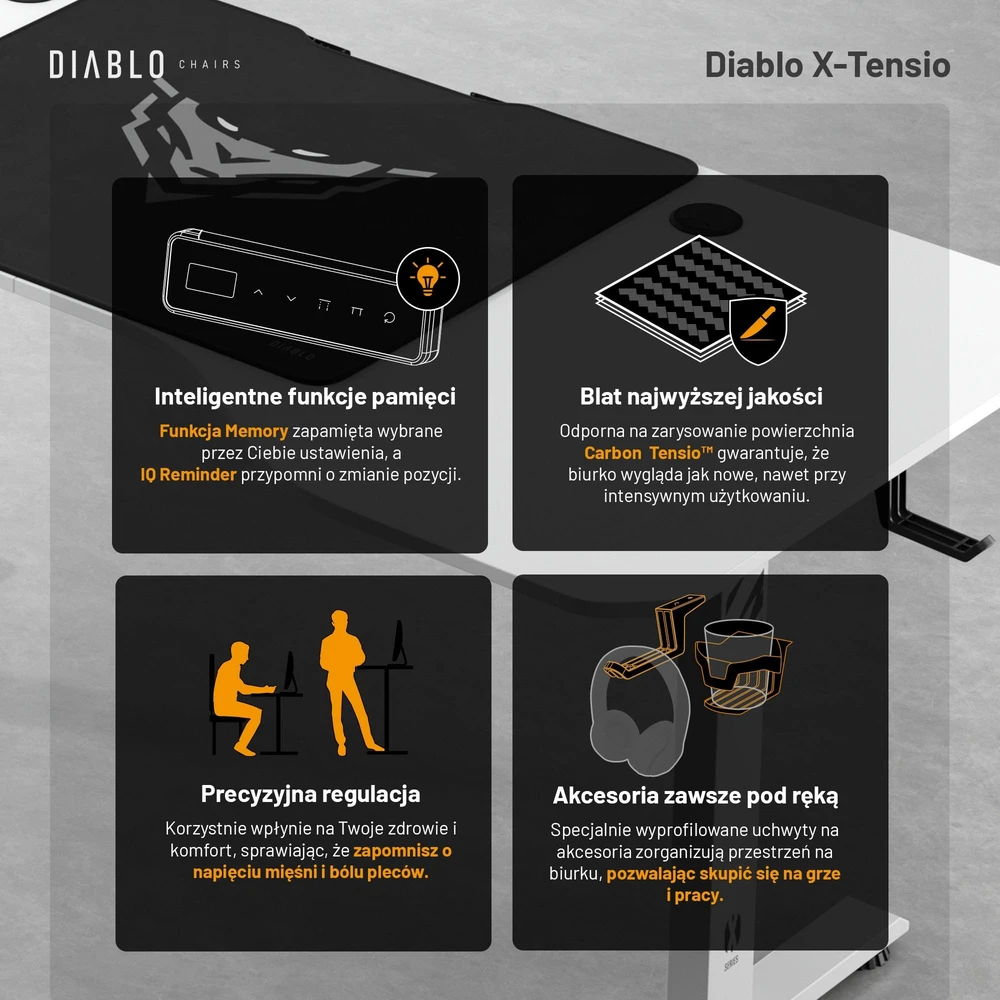 Diablo Chairs Diablo X-Tension 1600 Baltas elektra reguliuojamas Žaidimų Stalas | 1600 x 600 x 1170 mm
