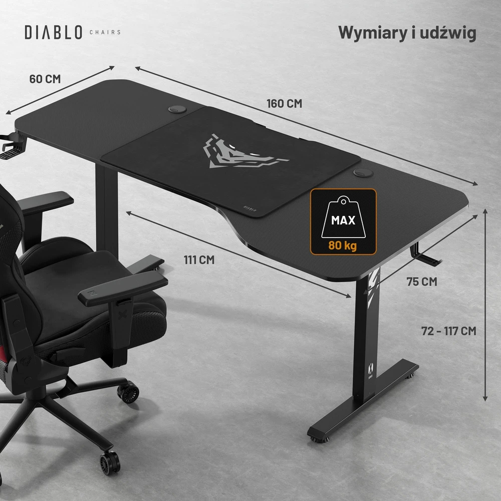 Diablo Chairs Diablo X-Tension 1600 Juodas elektra reguliuojamas Žaidimų Stalas | 1600 x 600 x 1170 mm