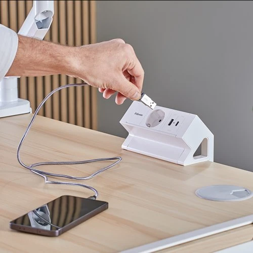 Fellowes biurko maitinimo modulis 1 lizdas, USB-A, USB-C balta