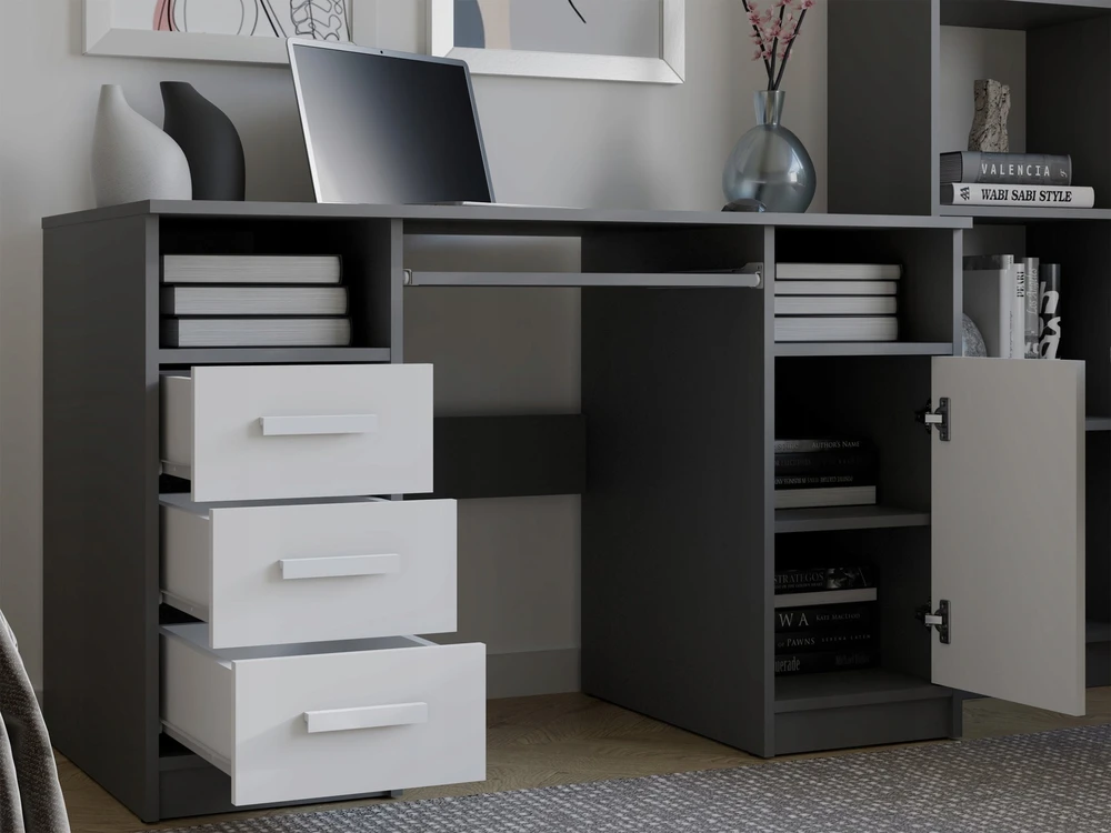 Top E Shop Topeshop BIURKO DELTA ANTRACYT / Baltas 120 Cm 3 Szuflady Szafka Półki Do Biura Pokoju Na Nešiojamas kompiuteris