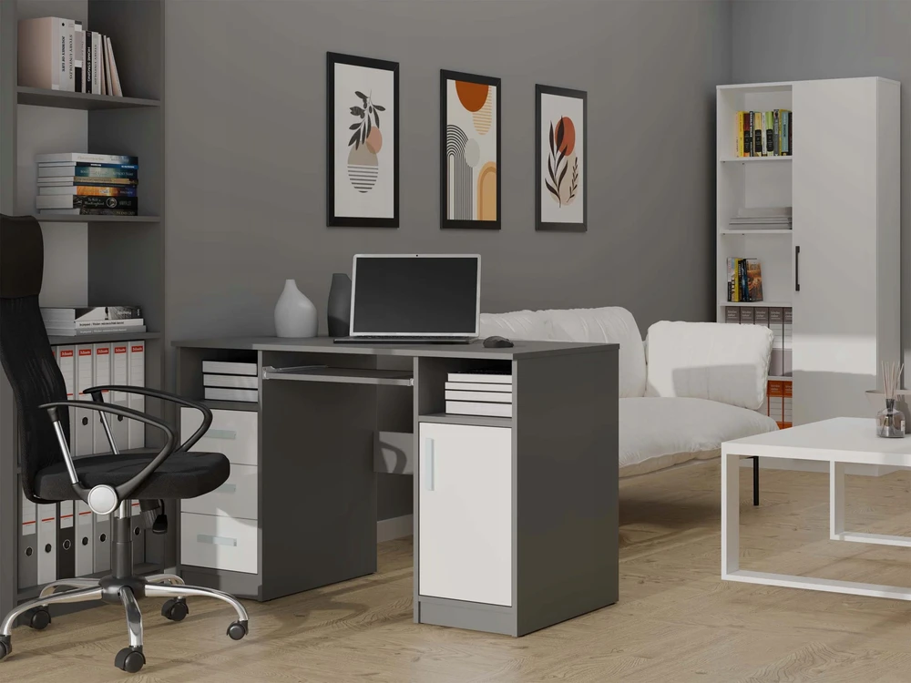 Top E Shop Topeshop BIURKO DELTA ANTRACYT / Baltas 120 Cm 3 Szuflady Szafka Półki Do Biura Pokoju Na Nešiojamas kompiuteris