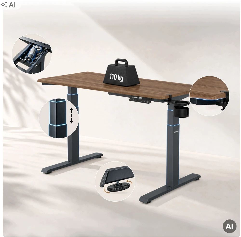 Stalinių Jan Nowak Elektrinis reguliuojamo aukščio ergonominis antracito/riešutmedžio, 1200x600 mm: ARIA (5907367517538)