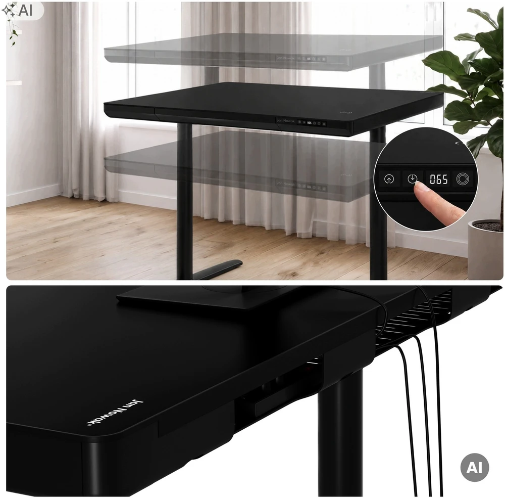 Stalo Jan Nowak Elektrinis sit-stand su stalčiumi ir belaidžiu Qi įkrovikliu, juodas, 1400 mm: ELLIS (5907367514711)
