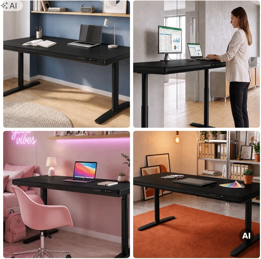Stalviršis Jan Nowak Elektrinis sit-stand su stalčiumi ir bevieliu Qi įkrovikliu, juodas, 1600 mm: ELLIS (5907367514797)