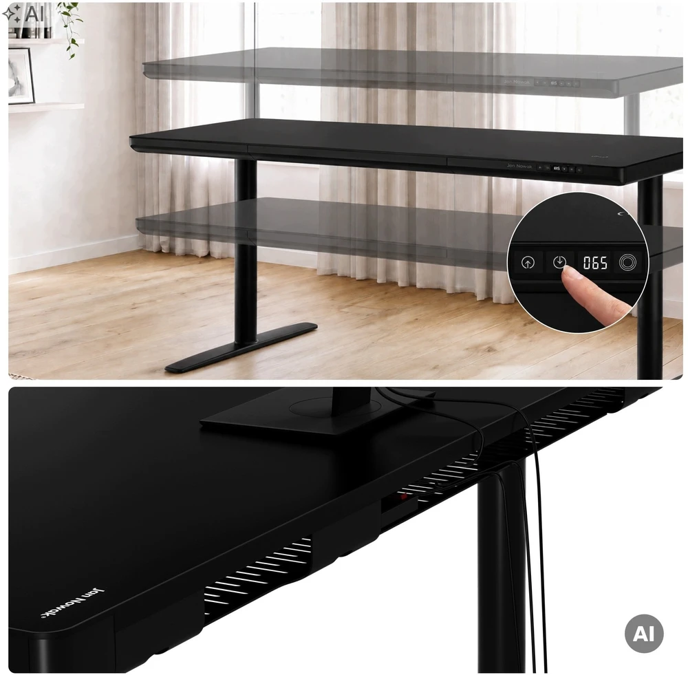 Stalviršis Jan Nowak Elektrinis sit-stand su stalčiumi ir bevieliu Qi įkrovikliu, juodas, 1600 mm: ELLIS (5907367514797)
