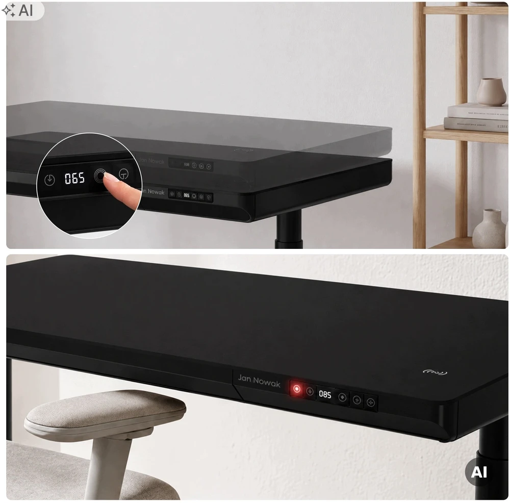 Stalo Jan Nowak Elektrinis sit-stand su stalčiumi ir belaidžiu Qi įkrovikliu, juodas, 1400 mm: ELLIS (5907367514711)