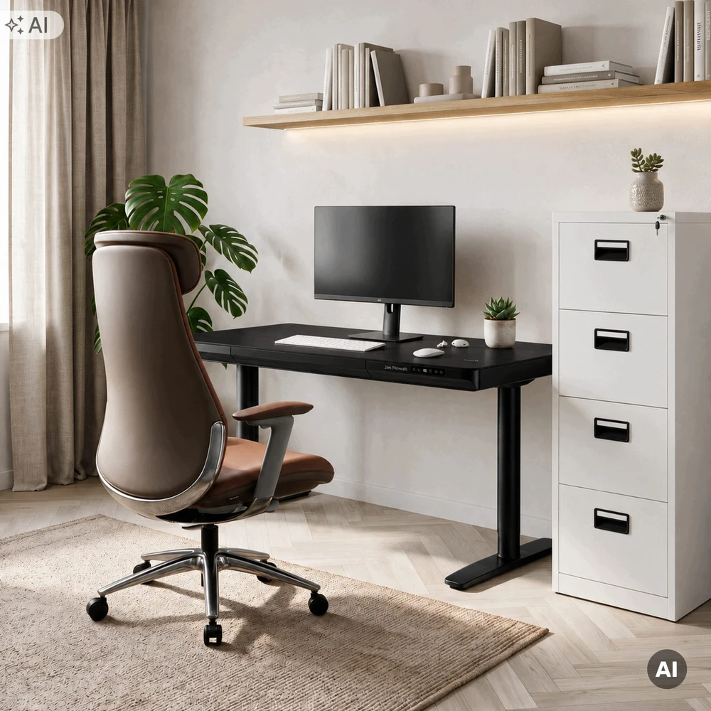 Stalo Jan Nowak Elektrinis sit-stand su stalčiumi ir belaidžiu Qi įkrovikliu, juodas, 1400 mm: ELLIS (5907367514711)